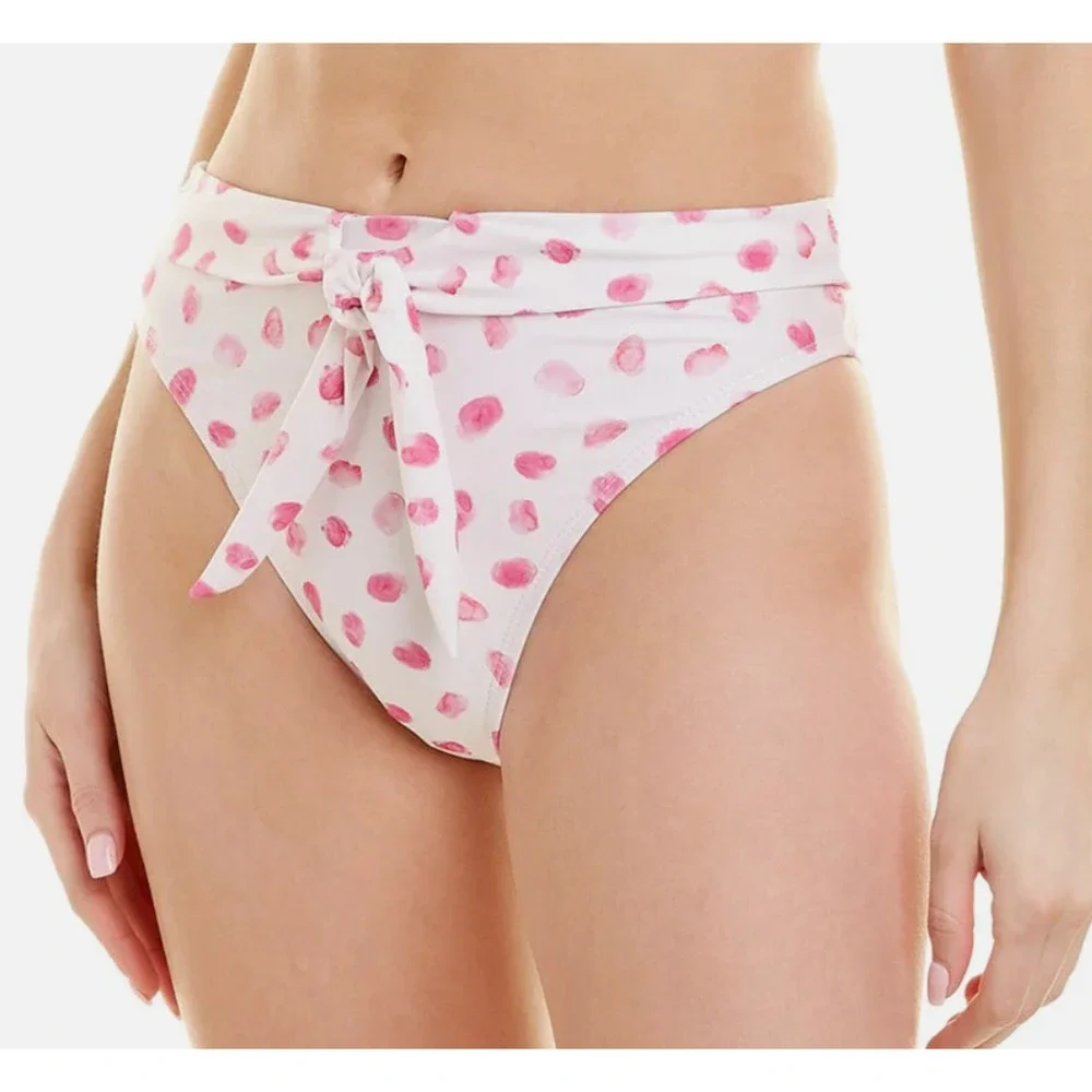 Splendid Tie-Front High-Leg Pink Polka Dot Bikini Bottoms | Womens L NEW! - Picture 1 of 7